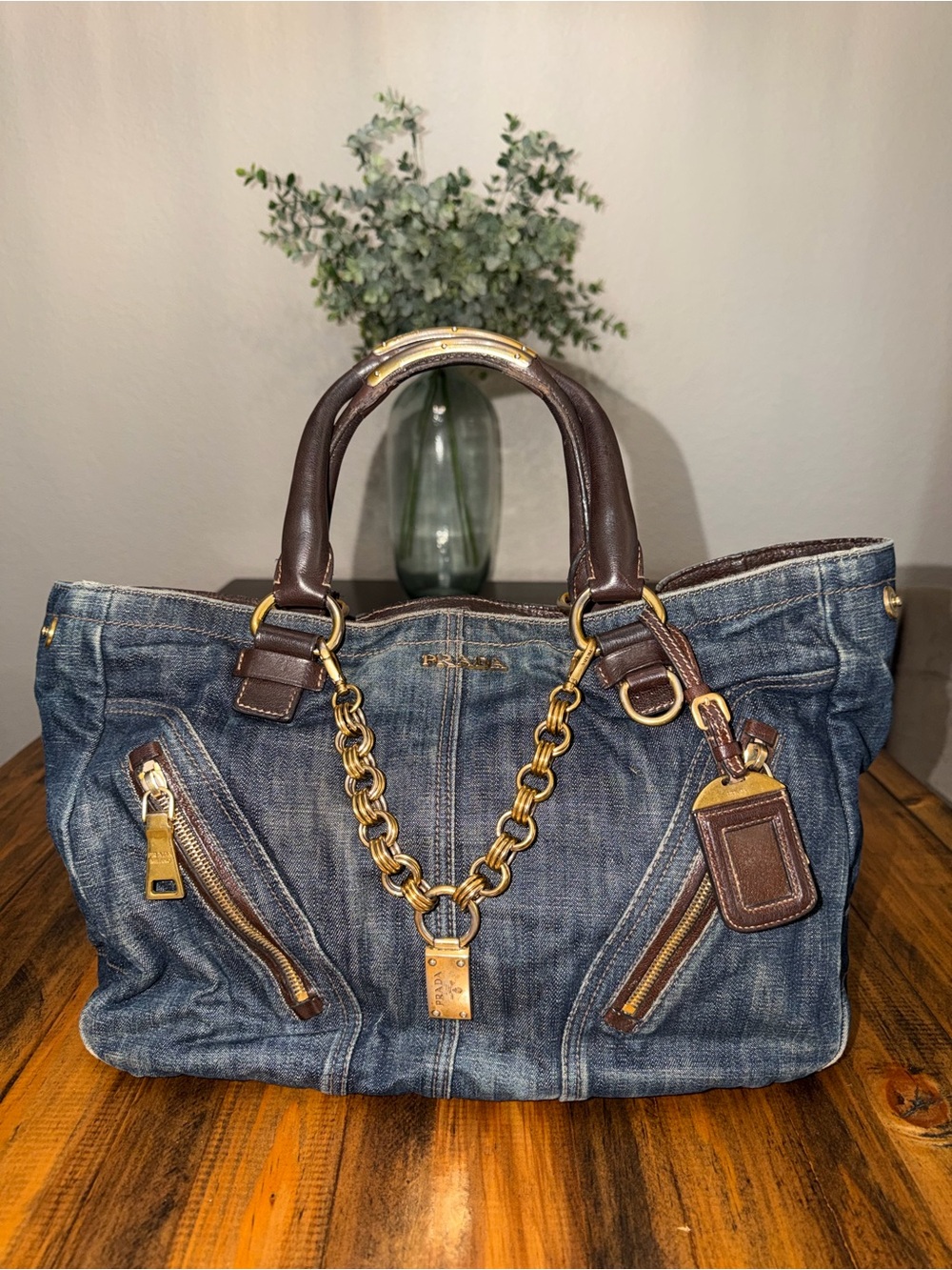 PRADA Denim & Vitello Leather Satchel - Picture 3 of 15